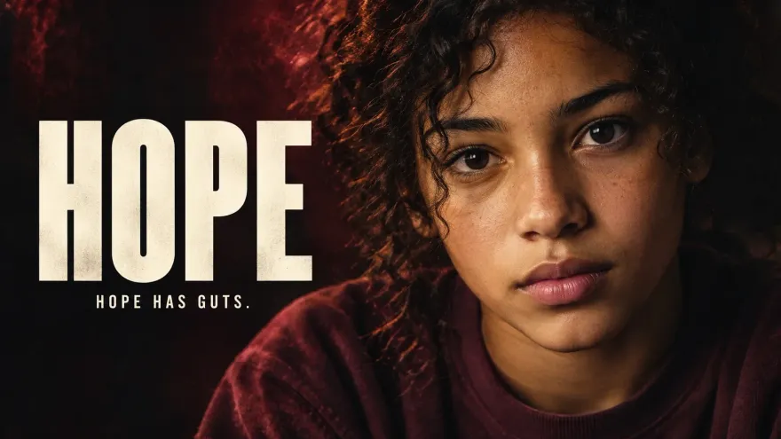 Key art for the film HOPE: a young woman looking straight at the camera in warm red light, beside the title and the line “Hope has guts.”